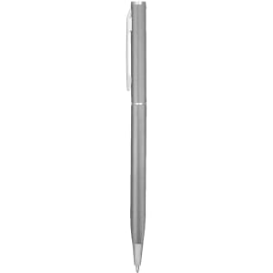 A silver metal pen with a sleek design and a clip, featuring a branding logo.