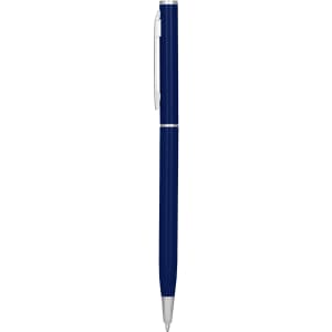 A metal pen in navy blue with silver accents and a clip, featuring a logo on its body.