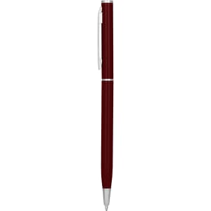 A metal pen in a deep burgundy colour, featuring silver accents and a clip. The pen has a sleek design.