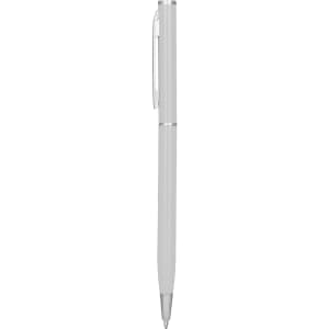 A silver metal pen with a sleek design and clip, featuring a branded logo.