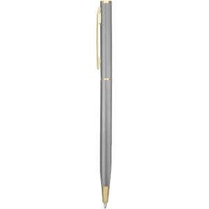 A metal pen in a sleek silver finish with gold accents. The pen has a clip and a logo displayed.