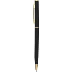A metal pen in black with gold accents, featuring a sleek design and a branded logo.