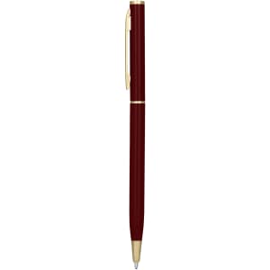 A metal pen in deep red with gold accents and a clasp, featuring a logo on the barrel.