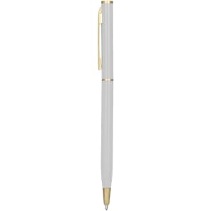 A metal pen in white with gold accents, featuring a clip and a sleek design. Includes branding on the pen.