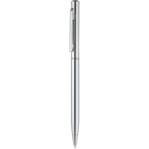 A metal pen in sleek silver, featuring a clip and smooth design, with a branding logo on the barrel.