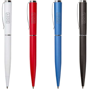 A set of four metal pens in white, red, blue, and black, featuring a logo.