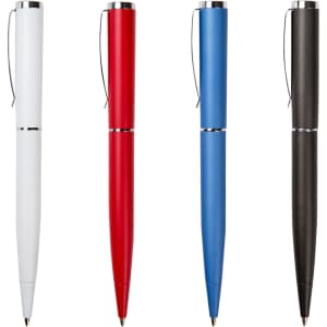 Four metal pens in white, red, blue, and black, featuring a silver clip and detailing. Each pen has a sleek design.