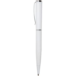 A white metal pen with a sleek design and silver accents, featuring a clip and a branding logo.