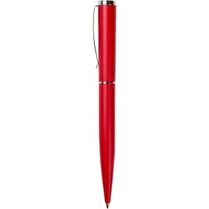 A sleek red metal pen with a polished silver clip and trim, featuring a simple design.