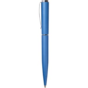 A blue metal pen with a sleek design and a silver clip, featuring a logo on its body.