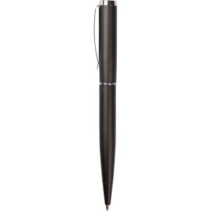 A metal pen in a sleek dark finish with a clip and a subtle silver accent. Includes a logo branding.