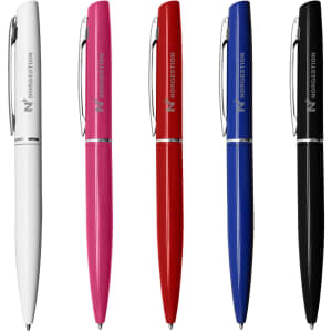 A set of five metal pens in white, pink, red, blue, and black, featuring a branding logo.