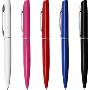 A collection of metal pens in white, pink, red, blue, and black, featuring a sleek design and a branding logo.