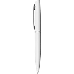 A white metal pen with a sleek design and a silver clip, featuring a logo on the barrel.