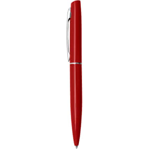 A red metal pen with a shiny finish and a clip for attachment. It has a sleek, modern design.
