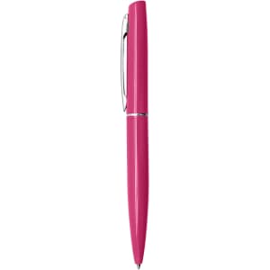 A pink metal pen with a sleek design and a clip, featuring a branding logo on the body.