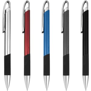 A collection of metal pens in silver, red, blue, black, and grey with rubber grips and clips. Each pen has a logo.