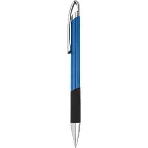 A metal pen with a blue barrel, silver accents, and a black grip, featuring a clip for convenience.