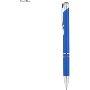A royal blue metal pen with a chrome clip and accents, featuring a sleek design and branding.