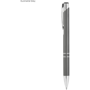 A metal pen in gunmetal grey with silver accents and a clip. Features a sleek, modern design.
