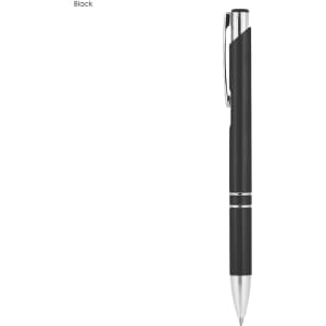 A sleek black metal pen with chrome accents and a clip, featuring a modern design and branding.