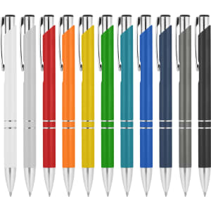 A selection of metal pens in white, red, orange, yellow, green, blue, dark blue, and black, featuring chrome accents.