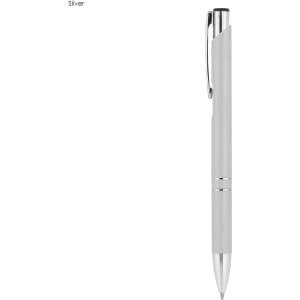 A silver metal pen with a sleek design and a clip, featuring a branding logo.