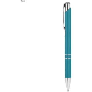 A metal pen in teal with silver accents and a clip, featuring a logo.