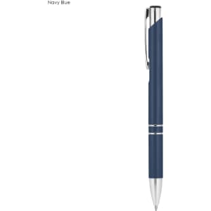 A metal pen in navy blue with a silver clip and accents, featuring a smooth design and branding.