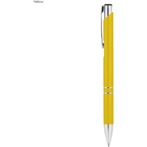 A yellow metal pen with a sleek design and chrome accents, featuring a branding logo.