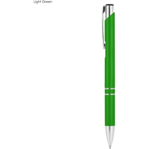 A light green metal pen with a shiny silver tip and clip, featuring a branding logo.