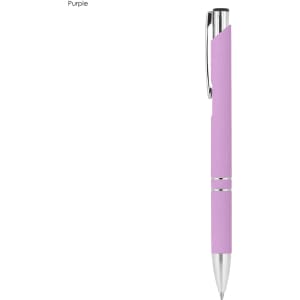 A purple rubberised metal pen featuring chrome accents and a clip. The pen has a smooth, sleek design.