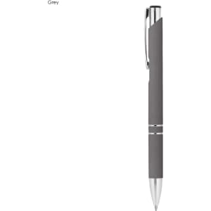 A grey metal pen with a rubberised grip and a silver clip, featuring a branding logo.