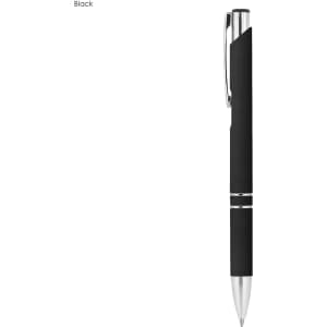 A black rubberised metal pen with silver accents and a clip. Features a sleek design and a branding logo.