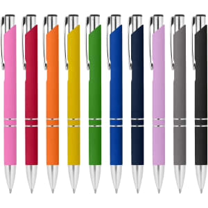 A set of ten metal pens in pink, red, orange, yellow, green, blue, navy, purple, black, and grey, each featuring a logo.