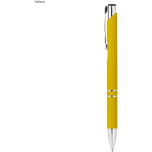 A yellow rubberised metal pen with a silver clip and detailing, featuring a branded logo.