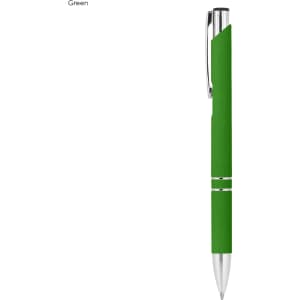 A green rubberised metal pen with a sleek design and a silver clip. It features branding on the barrel.