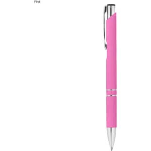 A pink rubberised metal pen with chrome accents and a branding logo.