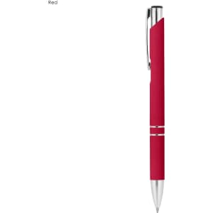A red rubberised metal pen with a chrome clip and accents, featuring a branding logo.