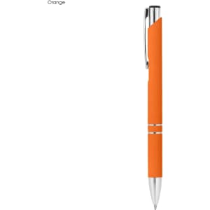 An orange rubberised metal pen with a shiny silver clip and detailing. It features a logo on the body.