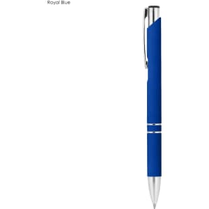 A metal pen in royal blue with a rubberised grip and silver accents, featuring a branding logo.
