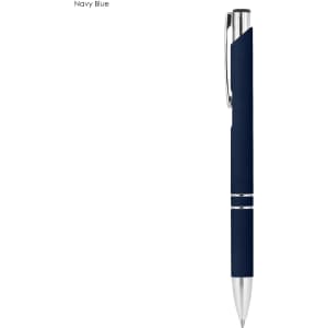 A navy blue metal pen with a rubberised grip and silver accents, featuring a branding logo.