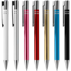A collection of metal pens in white, pink, red, gold, blue, and black, featuring silver accents and clips.