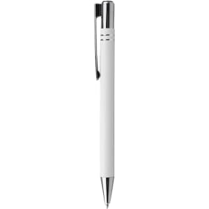 A metal pen in white with silver accents and a clip, featuring a logo.