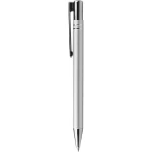 A metal pen in a sleek silver finish with a clip and a polished tip. It features a branding logo.