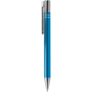 A blue metal pen with a shiny silver clip and decorative rings near the top. It has a sleek, polished finish.