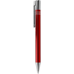 A metal pen in red featuring a chrome clip and accents, with a logo on the body.