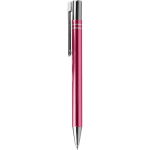 A metal pen in a vibrant pink colour with chrome accents and a clip. Includes brand logo.