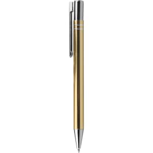 A metal pen with a sleek gold body and silver accents, featuring a clip and a shiny finish.
