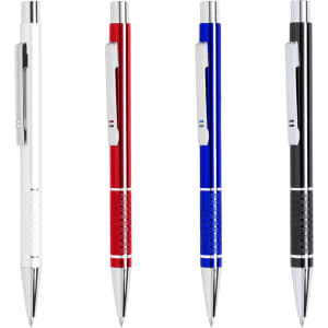 Metal pens in white, red, blue, and black with a textured grip and silver accents. Each pen features a branding logo.